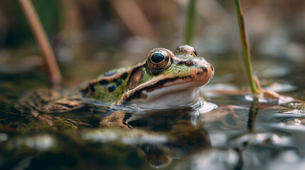 A close up of a green frog sitting in water with some reeds and plants around it in a natural setting