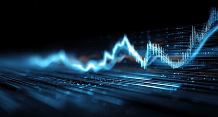 Abstract digital rendering of a fluctuating market graph with glowing blue and orange lines against a dark background, suggesting volatility and data flow