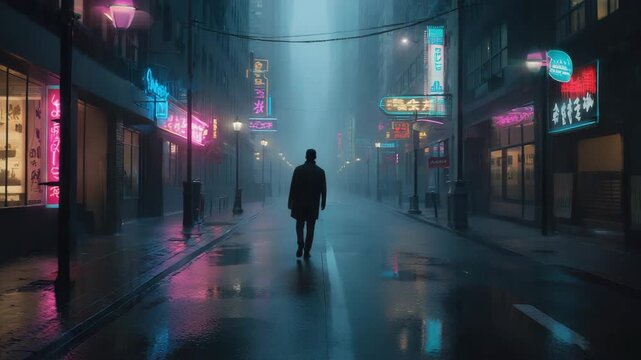 Silhouette of a man walking alone in a rainy city street at night.