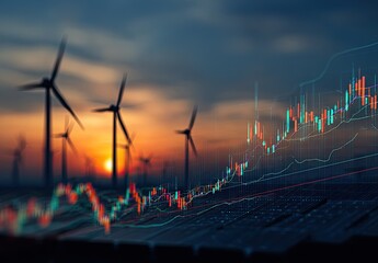 Wind turbines at sunset, overlaid with stock charts
