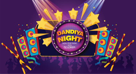 Illustration of couple playing Garba and Dandiya in Navratri Celebration and disco,  Gujarati Garba Night poster for Navratri Dussehra festival of India