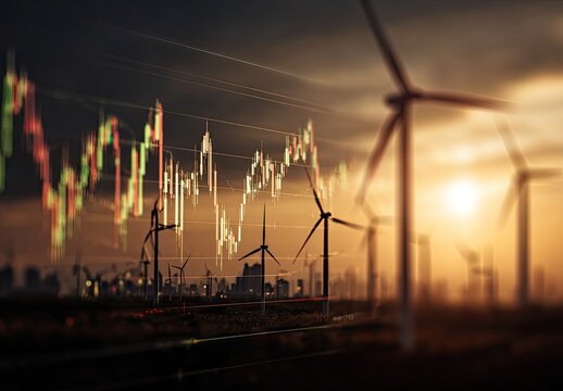 Financial market analysis overlaid on wind turbines at sunset