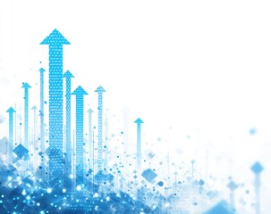 Abstract digital illustration of upward-pointing arrows, varying in height, composed of blue data points against a white background with a subtle, textured, geometric base