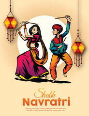 Illustration of couple playing Garba and Dandiya in Navratri Celebration and disco,  Gujarati Garba Night poster for Navratri Dussehra festival of India