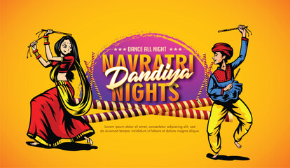 Illustration of couple playing Garba and Dandiya in Navratri Celebration and disco,  Gujarati Garba Night poster for Navratri Dussehra festival of India