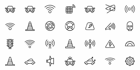 Fototapeta premium Collection of modern, minimalist line icons representing traffic, technology, and communication elements for user interface design