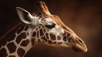 Obraz premium Close up of a giraffe head and neck with brown spots against a dark brown blurred background