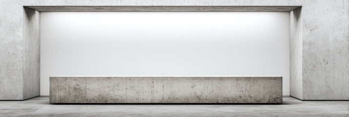 Minimalist concrete reception desk in a modern, bright space with a large white wall
