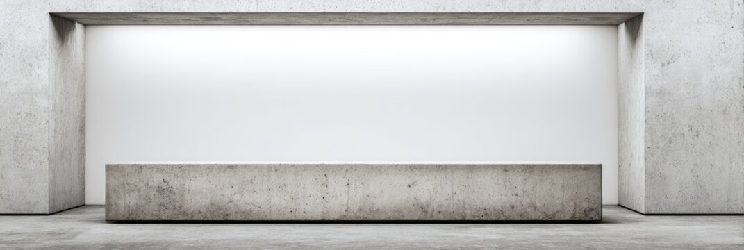 Minimalist concrete reception desk in a modern, bright space with a large white wall