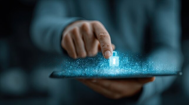 Person in blazer using digital tablet for work, late at night in urban environment with blurred lights