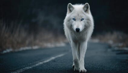 Obraz premium White wolf walks a dark road