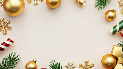 Composición de Diseño 'Flat Lay' de Lujo para Navidad y Fin de Año, Presentando un Marco Decorativo con Esferas Doradas, Cintas Rojas y Verdes, Elementos de Pino y Estrellas