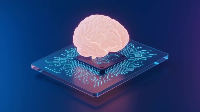 Brain Computer Interface: AI and Neural Network Technology - A 3D video of a human brain resting on a microchip, symbolizing the concept of brain-computer interface technology and artificial