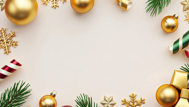 Composición de Diseño 'Flat Lay' de Lujo para Navidad y Fin de Año, Presentando un Marco Decorativo con Esferas Doradas, Cintas Rojas y Verdes, Elementos de Pino y Estrellas