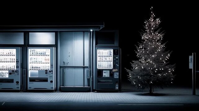 Luminous Christmas tree radiating festive light near gleaming vending machines, casting soft glow across quiet Japanese streetscape during winter night