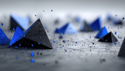 Scattered dark and light blue pyramids on a textured grey surface, some are crumbling, with blue fragments floating in the air