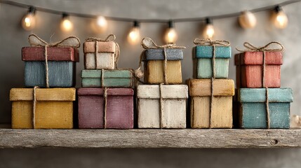 Assorted vintage wooden boxes with string lights displayed on shelves showcasing home decor, evoking nostalgia and warm light
