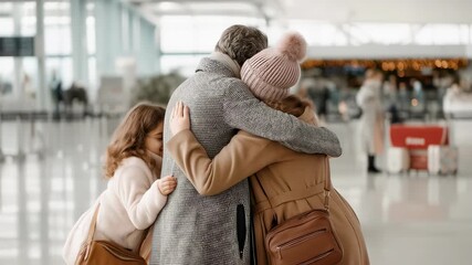 Emotional family reunion at airport terminal, loved ones sharing heartfelt embrace after long awaited journey, expressing deep connection and joy of coming together