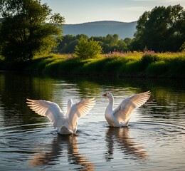 swans swimming in the river
