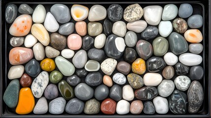 Colorful Polished Stones Collection in Tray, Smooth River Rocks, Natural Pebbles Texture