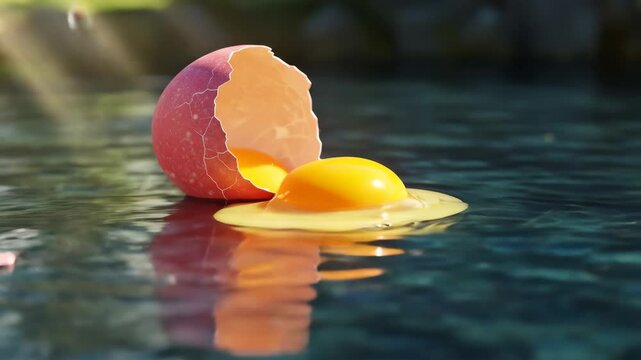 Pink Egg Cracking in Water - A pink eggshell cracks open on dark blue water, releasing a bright yellow yolk. The egg white spills out onto the water's surface, creating a visually striking contrast.