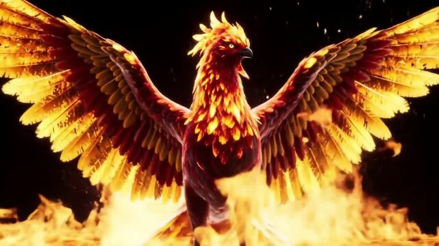 Majestic phoenix bird rising from flames, glowing golden and red fiery feathers, ultra realistic 4K fantasy illustration"