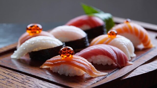 Exquisite Japanese raw fish dish assortment featuring hand-pressed rice bases and salmon roe servings captured in close proximity