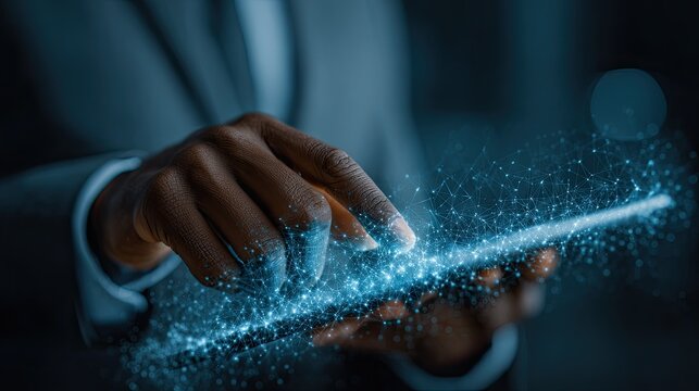 Person in blazer using digital tablet for work, late at night in urban environment with blurred lights - Powered by Adobe