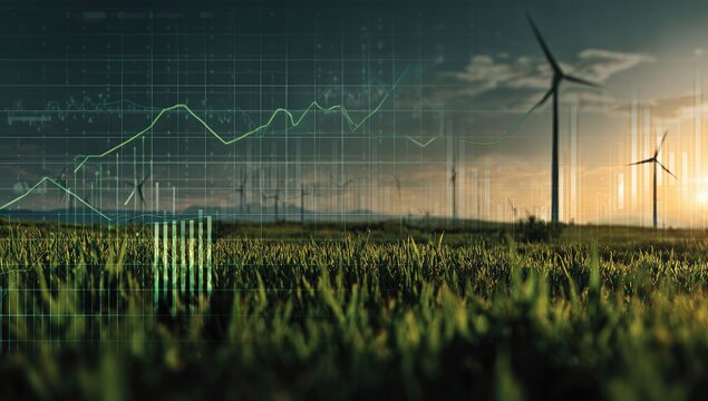 Green field with wind turbines at sunset, overlaid with upward trending graphs suggesting renewable energy growth and investment