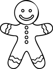 Obraz premium Line Art Gingerbread cookie outline with smiling face and decorative icing on arms and legs