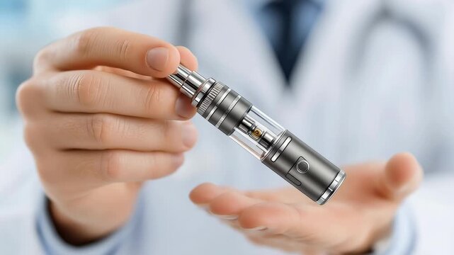 A healthcare professional holds a GLP-1 self-injection device. The device is metallic and transparent, designed for administering medication. The background is blurred, suggesting a clinical setting.