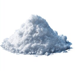 A small, uneven pile of fine, white powder sits against a stark white background, casting a subtle shadow