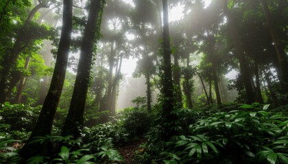 Naklejka premium A dense, green tropical forest, filled with tall trees, vines, and sunlight filtering through the gaps in the leaves. AI Generated image
