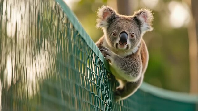 Koala climbing tennis net, exploring lush Australian setting with distinctive curiosity, showcasing unique interaction between wildlife and human infrastructure