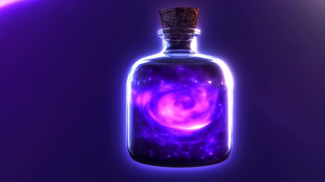 Enchanting cosmic potion in a glass bottle with glowing galaxy on a purple background, magical