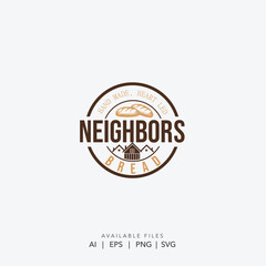 Hand drawn bakery logo with rustic cottage and wheat, Vintage vector logo for a neighborhood bread company, Artisan bread and pastry logo for a local farmer's market
