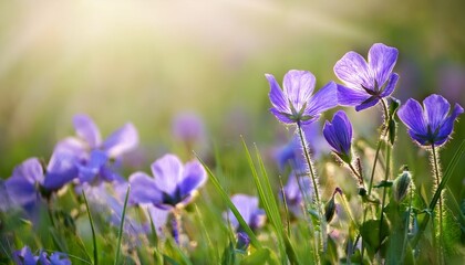 beautiful violet flowers blooming in lush green meadow with soft background blur