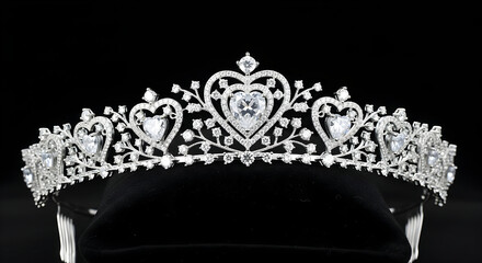 Diamond Tiara with Heart-Shaped Center Gem on Black Velvet &mdash; Luxury Bridal Crown, Princess Jewelry, and Elegant Formal Accessory with Intricate Filigree