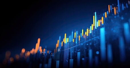 Abstract digital visualization of dynamic financial data, glowing bars and lines in blue and orange against a dark background, suggesting growth or market trends
