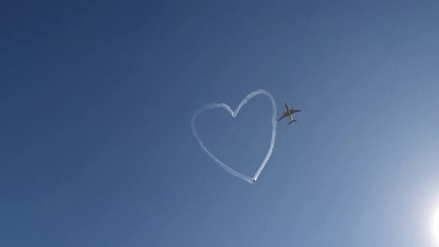 jet aircraft soaring across azure expanse crafting symbolic heart figure with its condensed vapor pathways