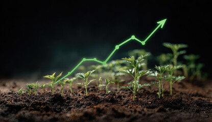 A glowing green upward trend line superimposed over several small plants sprouting from dark soil against a black background, suggesting growth and progress