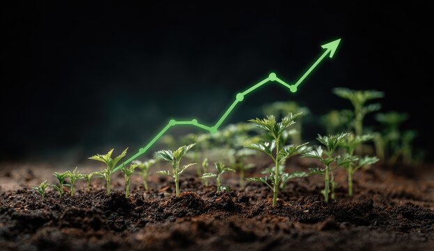 A glowing green upward trend line superimposed over several small plants sprouting from dark soil against a black background, suggesting growth and progress