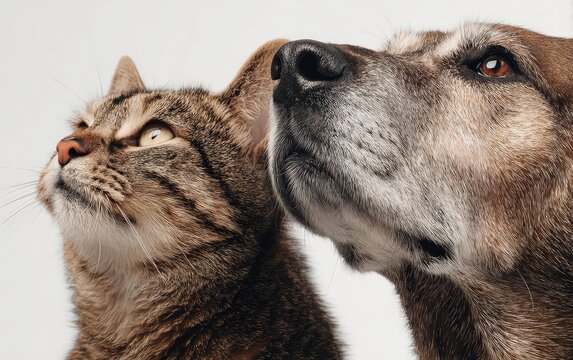 Close-up of a tabby cat and an older, tan dog looking upward, heads touching, against a white background