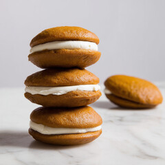 Stack of pumpkin whoopie pies with cream filling on a marble surface.
