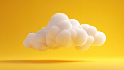 A fluffy, white, cartoonish cloud floats against a vibrant yellow background, casting a soft shadow