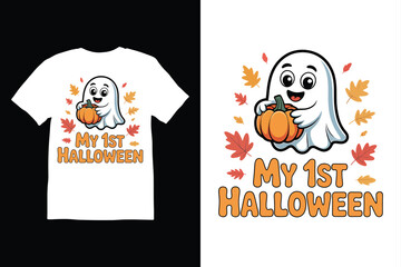Cute Ghost with Pumpkin My 1st Halloween T-shirt Design
