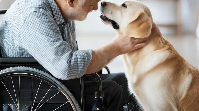 Compassionate senior in wheelchair gently petting loyal golden retriever, sharing heartwarming moment of connection and emotional support at home