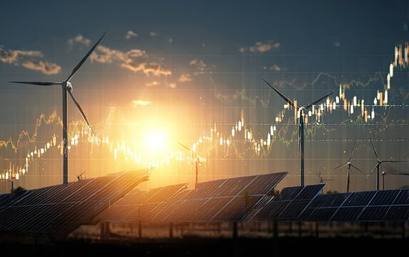 Sunset over solar panels and wind turbines, overlaid with a rising stock market graph, symbolizing renewable energy investment growth