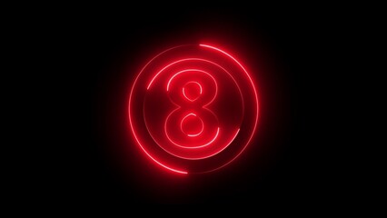 Vivid Red Neon Number Eight Inside Concentric Circles on Black Background digit numeral