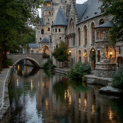 Fototapeta premium A picturesque medieval castle reflected in a tranquil river, showcasing european architecture, history, and the serene beauty of the landscape
